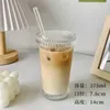 Tumblers 375ml copo de vidro listrado com tampa palha estilo japonês bebendo canecas chiques leite café drinkware chá presentes de aniversário copos de uísque