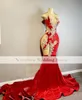 Shinny Red Prom Dresses Long Velvet Beads Party Glows Sheer Neck Mermaid aftonklänning Vestidos de Graduacion
