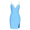 Casual Dresses Factory Wholesale Women's Multi-Color Rhinestones Spaghetti Strap V-Neck Sexy Boutique Celebrity Cocktail Party Bandage Dress