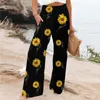 Pantalon Femme Imprimé Tournesol Long Wilde Pantalon Smocké Vintage Plage Jambe Large Femmes Bohème Taille Élastique Lady Wear Pantalon