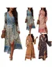 Robes décontractées Mode Vintage Femmes Boho Robe Été Bohême Longue Manches Longues Col En V Rétro Impression Cravate Avant Fendue A-ligne