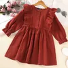 Girl's Dresses Autumn New Dress Kids Girls 2-5 Years Red Ruffled Single-Breasted Long-Sleeved Dress For Girls Vacation Holiday Party Dress