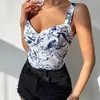 Women's Tanks Bodysuit Women Sexy Backless Summer Strap Clothes Print V-neck Thong Nude Bodycon Top Club Blue White Body Lady Elegant