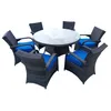 7 -delige outdoor dinerset, rieten patio eettafel en stoelen met kussens, ronde gehard glazen boventafel met overkoepelende gat, pe rattan patio meubels sets