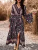 Robes décontractées Mode Vintage Femmes Boho Robe Été Bohême Longue Manches Longues Col En V Rétro Impression Cravate Avant Fendue A-ligne