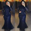 Muçulmano marinho escuro plus size mãe da noiva vestidos sereia gola alta mangas compridas rendas lantejoulas vestidos de mãe vestidos de noivo m149