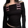 Women's T Shirts Women Fairycore Tie Ribbon Off Shoulder Top Y2K Contrast Color Tie-up Slim Fit Vintage Cute Bow Tops For