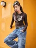 Kadın Tişörtleri Kadınlar Sonbahar İnce Gotik Üstler Uzun Kollu Vintage Desen Baskı Kısa Tişörtler