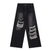 Jeans pour femmes rétro de style rétro vintage gothique haute jambe large avec des trous déchirés Hip Hop avec des couleurs solides pour un