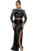 Work Dresses Sexy Rhinestone Beaded Sequin Mesh Two Piece Slit Skirt Set Women Clubwear For Party Bodycon Tops And Long Pants Outfits Sets