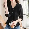 Blouses Femmes Chemises noires Femmes Col V Manches longues Chic Gracieuse Taille définie Courte Automne Hiver Bureau Lady Tempérament doux Femme