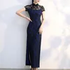 Etniska kläder höftlängd cheongsam elegant vintage kinesisk spets maxi klänning med stativ krage sida delad kvinnor klassiska qipao för
