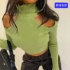 Women's Sweaters Summer Long Sleeved Slim Fitting Short Cut Open Navel Knitted Shirt High Neck Pullover Back Sweater