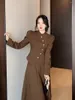 Robes de travail automne hiver deux pièces ensemble femmes Chic tempérament solide formel Vintage manches bouffantes hauts manteau taille haute jupe mi-longue tenue mince