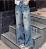 Designer damesjeans aankomst hoge taille straat uitgeholde patch CC geborduurde decoratie casual blauwe rechte denim broek