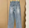 Designer mulheres jeans luxo azul cintura alta rua cc bordado casual calças femininas retas