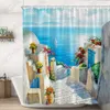 Duş Perdeleri Mediterranean Yağlı Boya Peyzaj Duş Perde Banyo Mat Seti Seaide Town Scene Banyo Dekor Anti Pazen Yıkanabilir