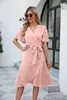 Robes de soirée femmes rose Midi été col en v Sexy à manches courtes Robe irrégulière bureau dame vêtements S-XXL Robe Robe Vintage