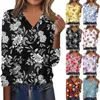 Women's T Shirts Fashion Casual Long-Sleeved Vintage Printed V-Neck Button-Up Top Slim-Type Temperament Daily Pullover Ropa De Mujer