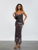 Casual Jurken Vrouwen Vintage Maxi Jurk Elegante Backless Spaghetti Band Satijn Bodycon Print Lange 2024 Zomer Sexy Y2K Party