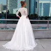 Witte prinses Elegante trouwjurken Juwelier Nek 3/4 Lace Sleeve Appliques Country Bridal Jurys Pocket Satin Vestido de Novia