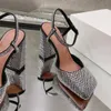 Amina Muaddi Charlotte Sandalen Designer Damesschoenen Satijn Dikke hakken Vierkante tenen Jurk Mode Kristal Feest Trouwschoenen Fabrieksschoeisel Met doos 35-42