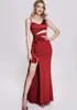 Sıradan elbiseler kış zarif lüks kırmızı parti elbise için kadın modaya uygun düşük kesim kayma arkasız maxi yan delikler vestido