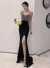 Black Sparkling Prom Dresses Spaghetti Sequins Train Evening Dresses Side Slit Floor Length Party Gowns Plus Size