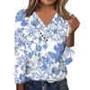 Women's T Shirts Fashion Casual Long-Sleeved Vintage Printed V-Neck Button-Up Top Slim-Type Temperament Daily Pullover Ropa De Mujer