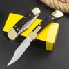 Ny klassisk 110 Auto Tactical Folding Knife 440C Satin Blade Ebony med mässing Huvudhandtag utomhus EDC Pocket Knives med lädermantel
