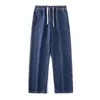 Мужские джинсы, мужские свободные брюки с эластичной резинкой на талии, прямые летние однотонные брюки с карманами и шнурком, цветные брюки с глубоким промежностью