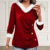 Women's Blouses Women Top Lady Winter T-shirt Stylish V Neck Button Decor Pleated Color Matching Pullover Cozy Warm For Christmas