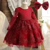 Robes de fille Rouge Filles Dentelle Robe De Soirée À Manches Longues Fleur Élégante Robe De Soirée De Mariage Dos Nu Bow Tulle Princesse Pageant Robe Formelle