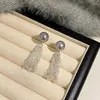 Boucles d'oreilles françaises élégantes avec nœud à pampilles, perle grise pour la mode coréenne, strass, bijoux de fête, accessoires doux pour femmes