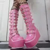 Botas Punk Mulheres Senhoras Cosplay Alto Conforto Tubo Longo Couro Preto Plataforma Cunhas Sapatos Estilo Gótico