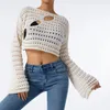 Women's T Shirts Hollow Out Crochet Crop Tops Summer Long Sleeve Round Neck Solid Color Loose Knitted T-Shirts Y2K Sweater