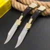 Cuchillo plegable táctico de calidad superior Nuevo Clásico 110 AUTO 440C Hoja satinada Ébano con mango de cabeza de latón Navajas de bolsillo EDC para exteriores con funda de cuero