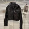 Veste en cuir pour femmes, printemps-automne, noir, Slim, court, Faux Crocodile, mode, revers, manches longues, moto, motard