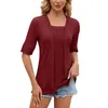 Camisetas para mujer, camisa de retales con cuello cuadrado de Color sólido, Top informal de moda, manga larga de LICRA de algodón para mujer mediana