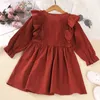 Girl's Dresses Autumn New Dress Kids Girls 2-5 Years Red Ruffled Single-Breasted Long-Sleeved Dress For Girls Vacation Holiday Party Dress