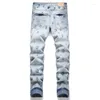 Herr jeans trend tryck blå rak ben 2024 Mid-midjig smal stretch casual byxor hiphop denim