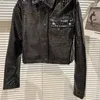 Veste en cuir pour femmes, printemps-automne, noir, Slim, court, Faux Crocodile, mode, revers, manches longues, moto, motard