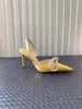 Sandaler Mach Ladies Ankle Strap Crystal Pumpar Rhinestone Bow High Heels Pointed Satin Sparkling Fairy Wedding Women's Shoes