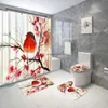 Shower Curtains Ink Flower Birds Shower Curtain Retro Red Berries Tree Bird Bathroom Decor Anti Slip Bath Mat Toilet Cover Rug Carpet Sets