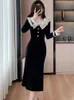 Robes décontractées 2024 velours noir chic dentelle blanche col de poupée robe midi femmes élégantes à volants mermad coréen vintage luxe