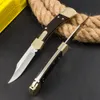 Cuchillo plegable táctico de calidad superior Nuevo Clásico 110 AUTO 440C Hoja satinada Ébano con mango de cabeza de latón Navajas de bolsillo EDC para exteriores con funda de cuero