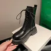 Stiefel Herbst und Winter Schnürung kniehohe Damen weibliche Frauenschuhe runde Zehen Damenmode Plattform Kampf