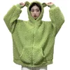 Women's Hoodies Kawaii Fleece Faux Fur LongAutumn Winter Women Green Beige Zip-up Sweatshirt Sleeve Hooded Teddy Bear Ears Soft White