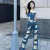 Damen Jeans Design Sense Fashion American Street Girl Ripped Loose Trägerlose Weste Denim Set