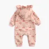 Spring Fall Baby Clothes Sweet Cherry Print Jumpsuit For Girls Cotton Fleece Thick Hooded Romper Brody Bodysuit Infant Onesie 240119